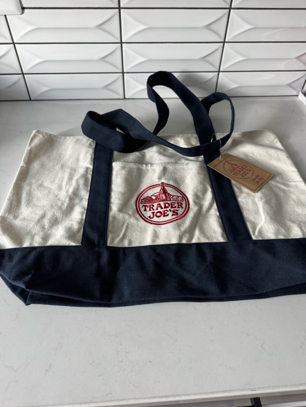 Canvas Tote Bag in Cream and Navy - Picture 2 of 5
